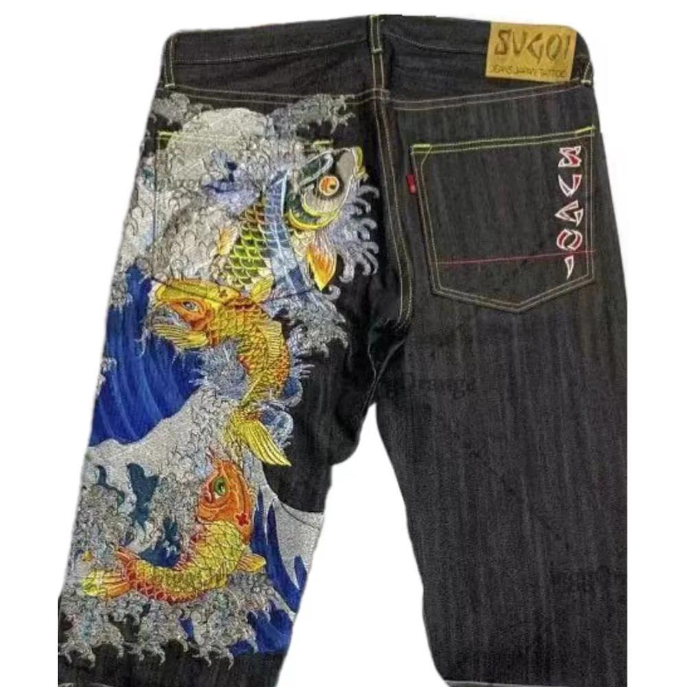 RogueWave Japonské Retro Personalizované Tištěné Džíny s Vysokým Pasem pro Páry s Velkými Kapsami pro Street Wear Y2K Džínové Kalhoty