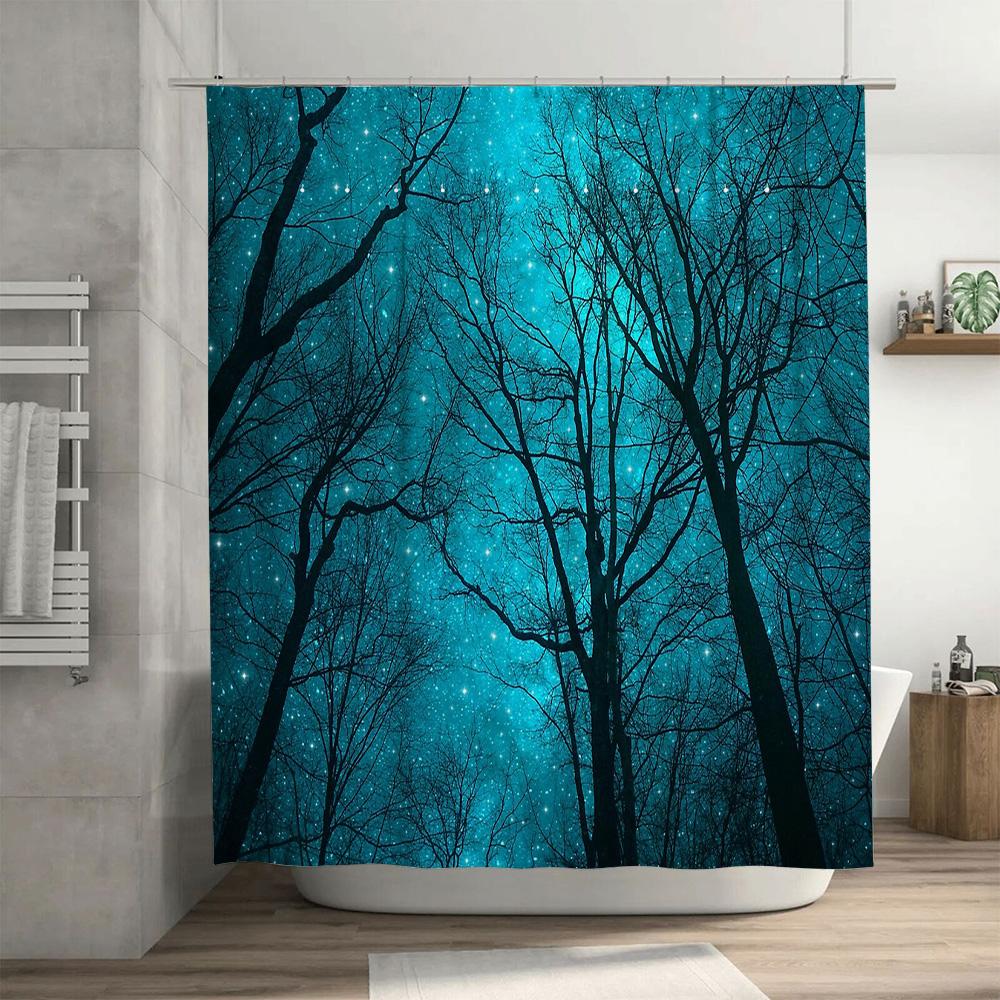 Blå Skog Duschdraperi Skogsnatur Träd Naturskön Bakgrund Turkos Badrumsinredning Vintage Rustik Heminredning Tvättbar Vattentät