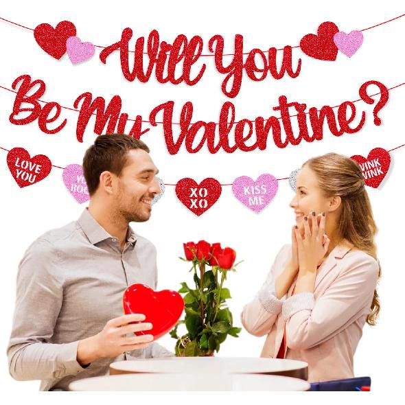 Will You Be My Valentine Banner Valentine Glitter Heart Garland Happy Valentine’s Day Party Decoration Glitter Red and Pink Be My Valentine