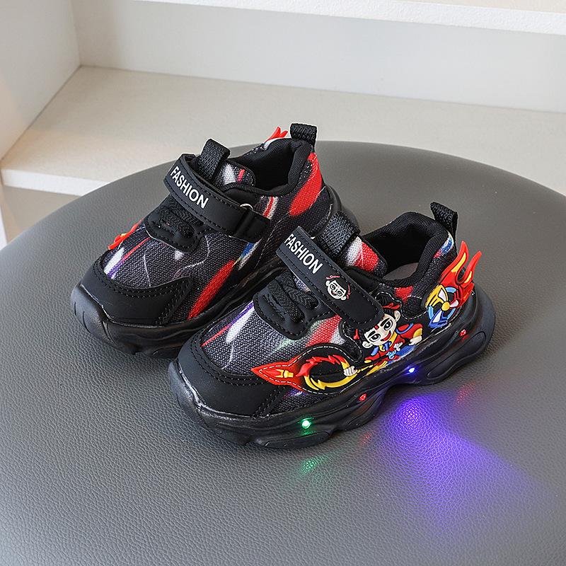Spring Autumn Boys LED Light Up Sneakers Cartoon Cool Flashing Shoes Non Slip Soft Sole Kids Running Trainers