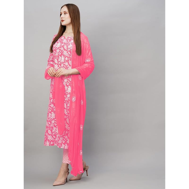 GoSriKi Women's Cotton Blend Straight Printed Kurta with Pant & Dupatta (MEI Red-GS_XL_Red_X-Large)