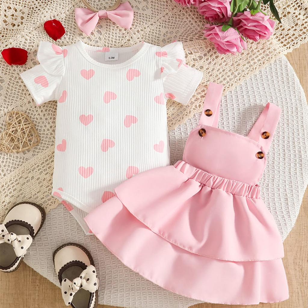 Baby Mädchen Sommer Kurzarm Strampler mit Herz-Print Latzkleid und Schleifen-Haarband 3-teiliges Set Kleinkind Outfit