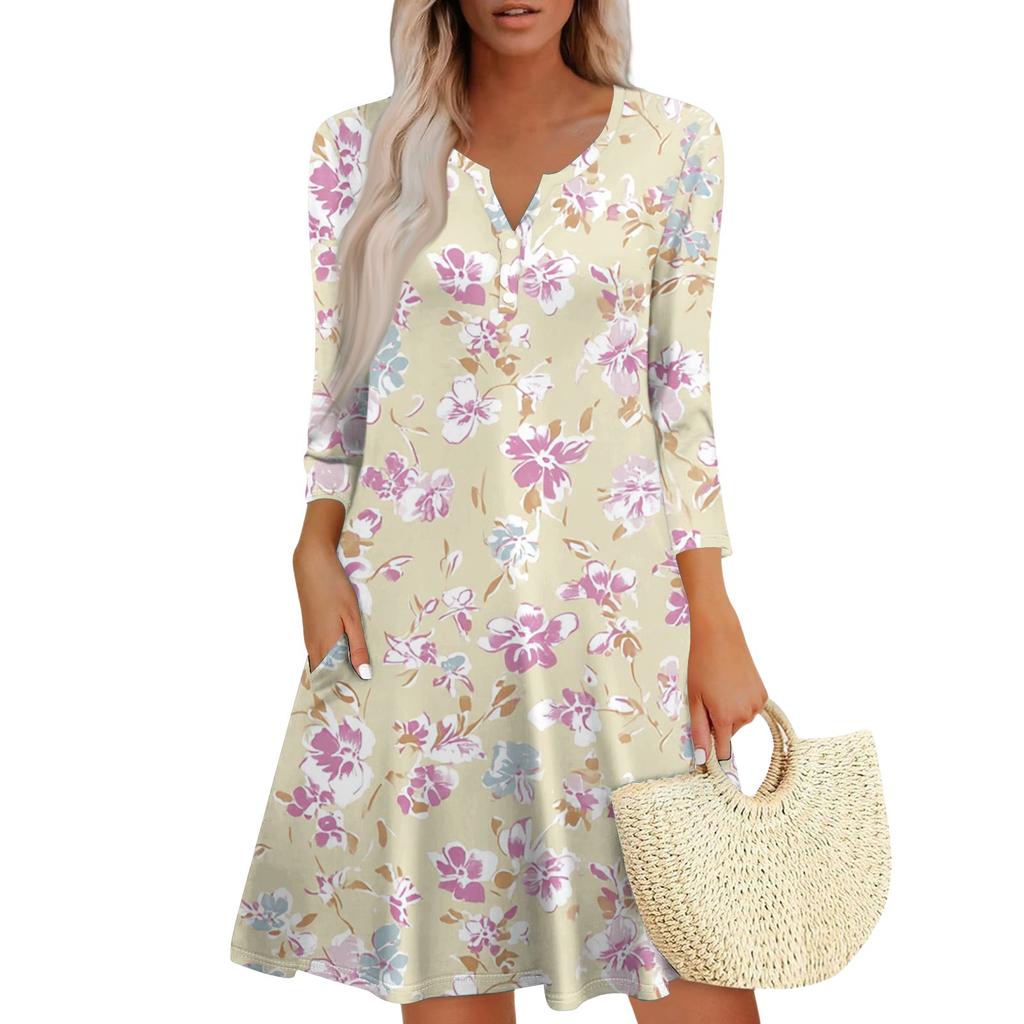 Women's Fashionable V-Neck Button Seven Part Cuff Pocket Floral Dress