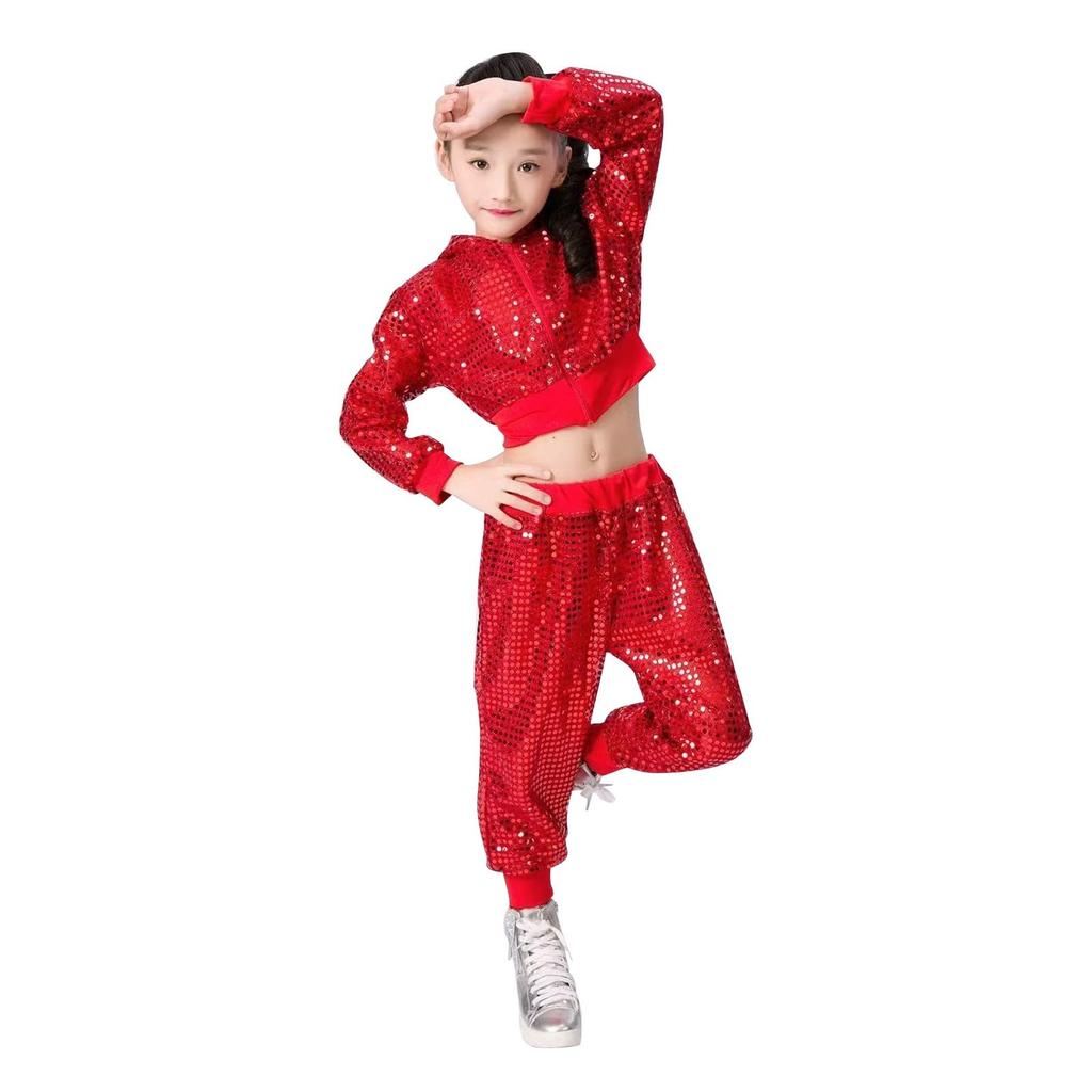 Kids Boys Girls Sequin Dance Outfit Color Jazz Hip Hop Performance Set for Holiday Stage