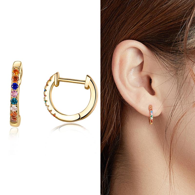 WOSTU Rainbow Hoop Earrings 925 Sterling Silver Colorful Zirconia Round Circle Silver Earrings For Women Zircon Fashion Jewelry