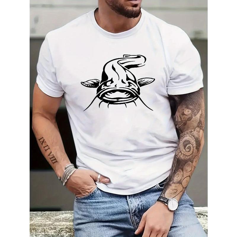 

European sizes Catfish Print Tee Shirt, Tees For Men, Casual Short Sleeve T-shirt For Summer 4XL білий
