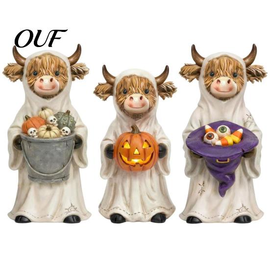 Halloween Highland Cattle Decor 3Pcs Ghost Cow Figurines, Resin Yak Statues with Pumpkin, Farmhouse Porch Garden Statuette Tabletop Ornaments