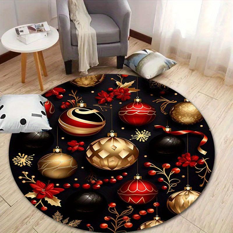 

Christmas Ornament Round Rug, Non-Slip Red Gold Holiday Mat for Bedroom Living Room Playroom Decor, Soft Polyester Carpet Diameter 60cm