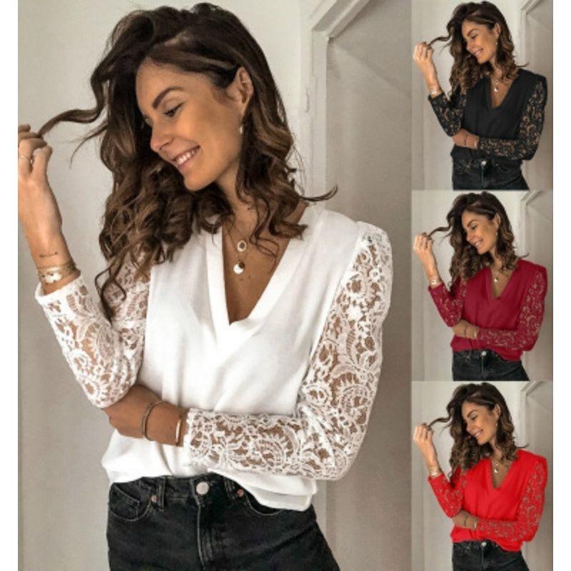 

2023 Women s Split Lace Chiffon Shirt Sky Blue 2XL