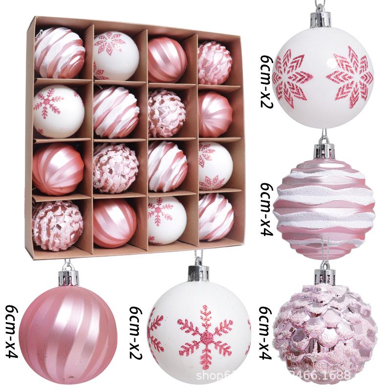 6cm Electroplated Pink Christmas Ball Ornaments - 16 Piece Set with Snowflakes