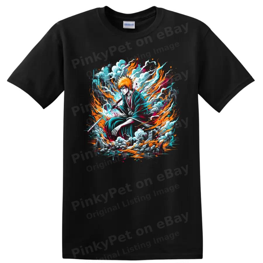 Ichigo Kurosaki Anime Warrior T Shirt w/ Sword Flame Art Graphic Tee Gift Fan