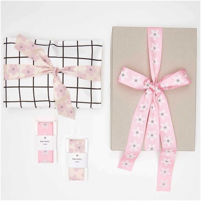 Ruban de taffetas rose poudré - motif Sakura