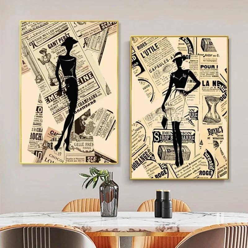 Abstract Fashion Girl In Newspaper Canvas Painting Vintage Poster and Prints Nordic Wall Art Picture for Living Room Home Decor