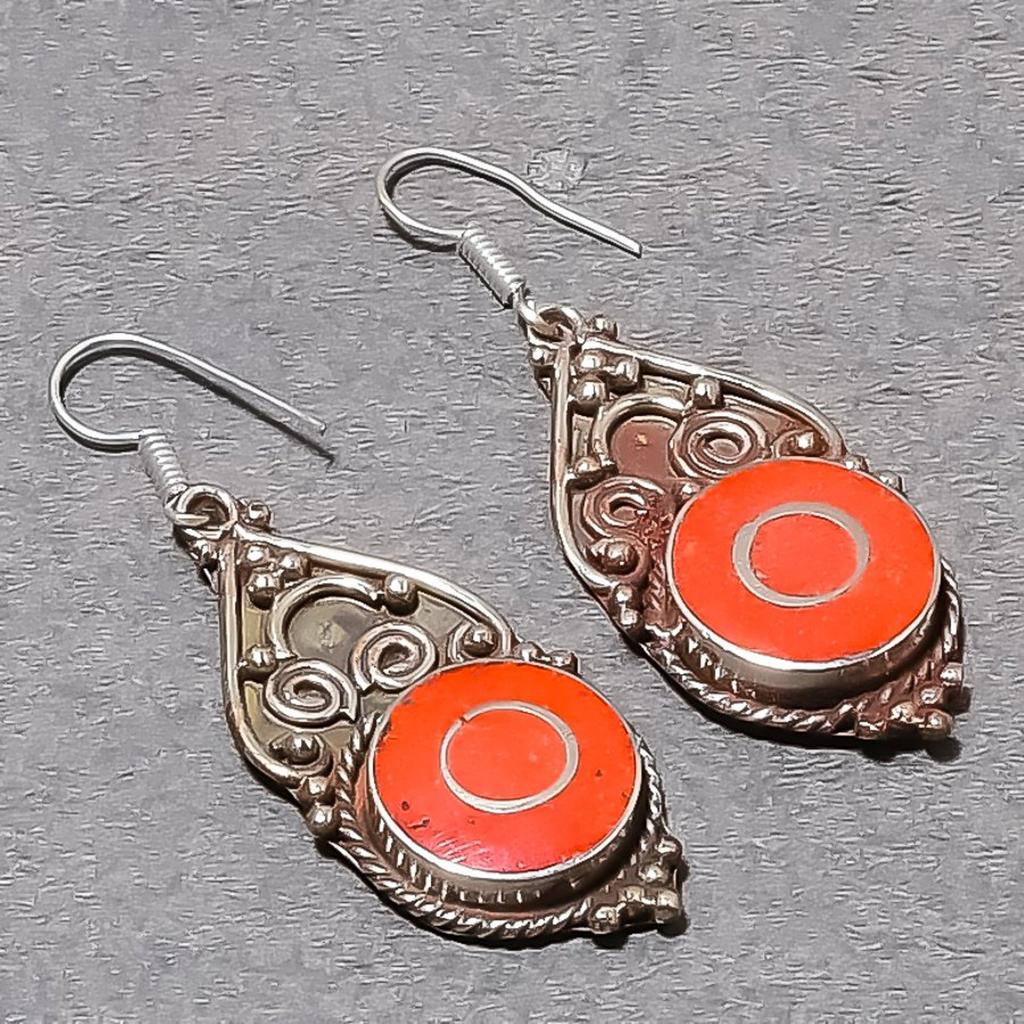 Red Coral Gemstone Earrings Handmade Bahamas Tibetan Nepali Jewelry 2.3" NE 5505