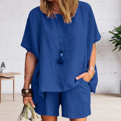 Women's Cotton Linen 2-Piece Outfit Short Sleeve Crewneck Pullover Top And Shorts Set with Pockets Summer Casual Loungewear Tracksuit