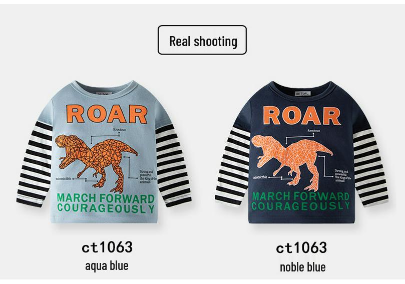 Autumn Kids' Cartoon Dinosaur Long-Sleeve Color Block T-shirt for Boys