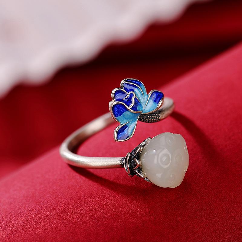 Women's Retro Silver Cloisonné Enamel Open Ring with Blue-Fired Lotus