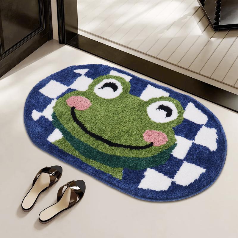 1PC Smiling Frog Flocking Bathroom Floor Mat Oval Water Absorbent Non Slip TPR Bottom Dirty Resistant Soft Bathroom Floor Mat