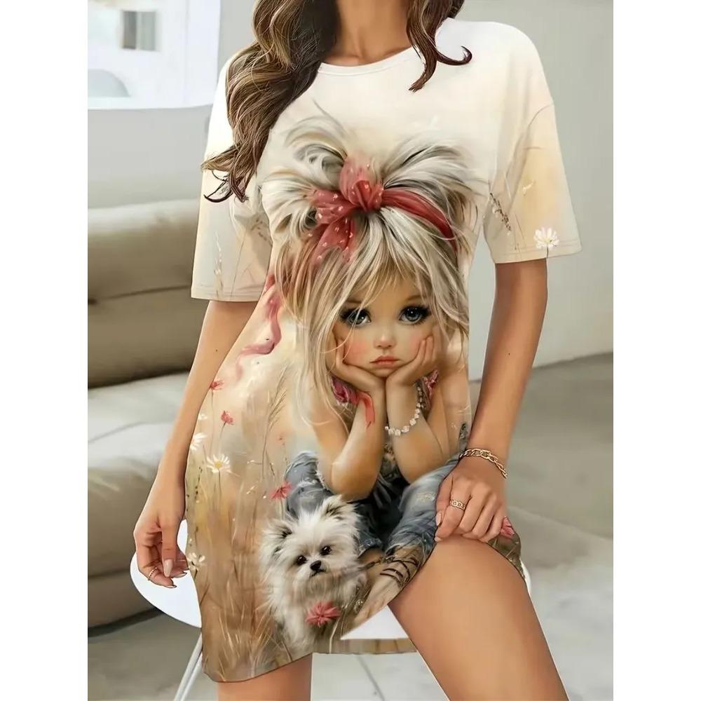 Fun Animal Colorful Patterns Women Mini Dresses Summer Short Sleeve Printed Plus Size Casual Comfortable Soft Dress