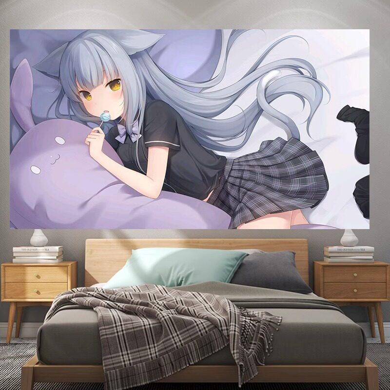Cute Cat Ear Anime Girl Tapestry Blue Aesthetic Nekomimi Wall Hanging for Bedroom Otaku Room Decor Wall Hanging Tapestry