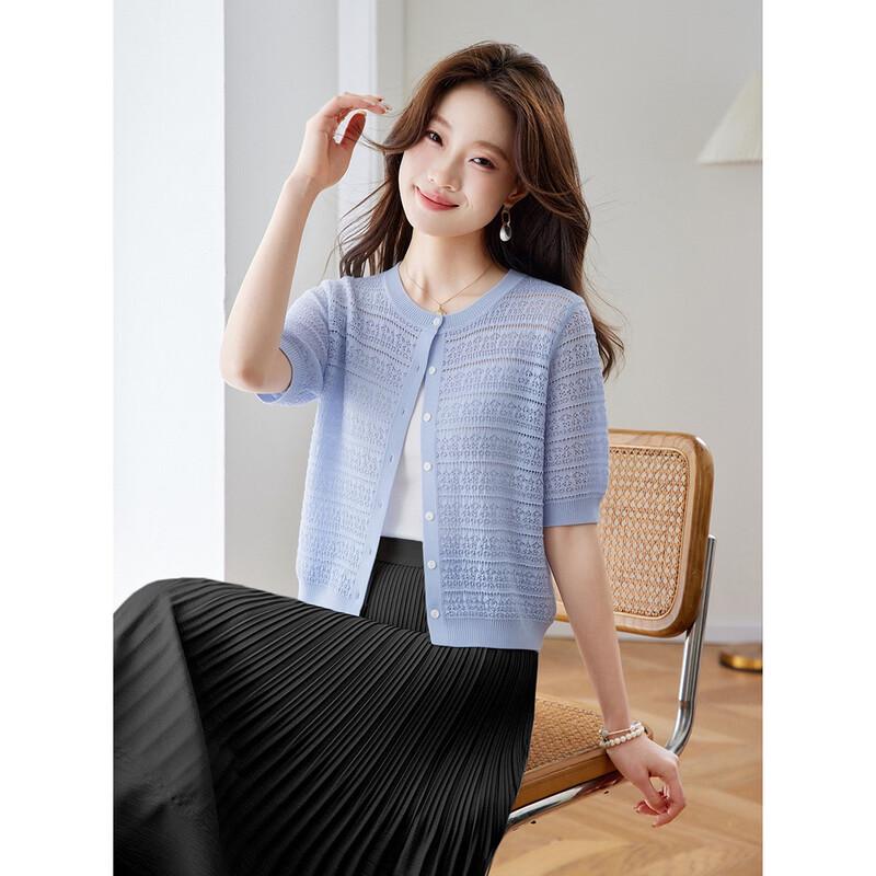 Srcr Women s Mulberry Silk Blend Thin Hollow Knit Short-Sleeve Cardigan M