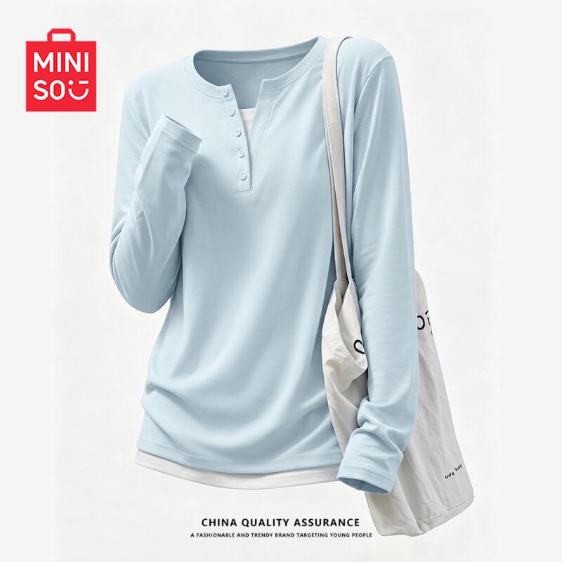 MINISO Women's Slim-Fit Long Sleeve Henley T-Shirt