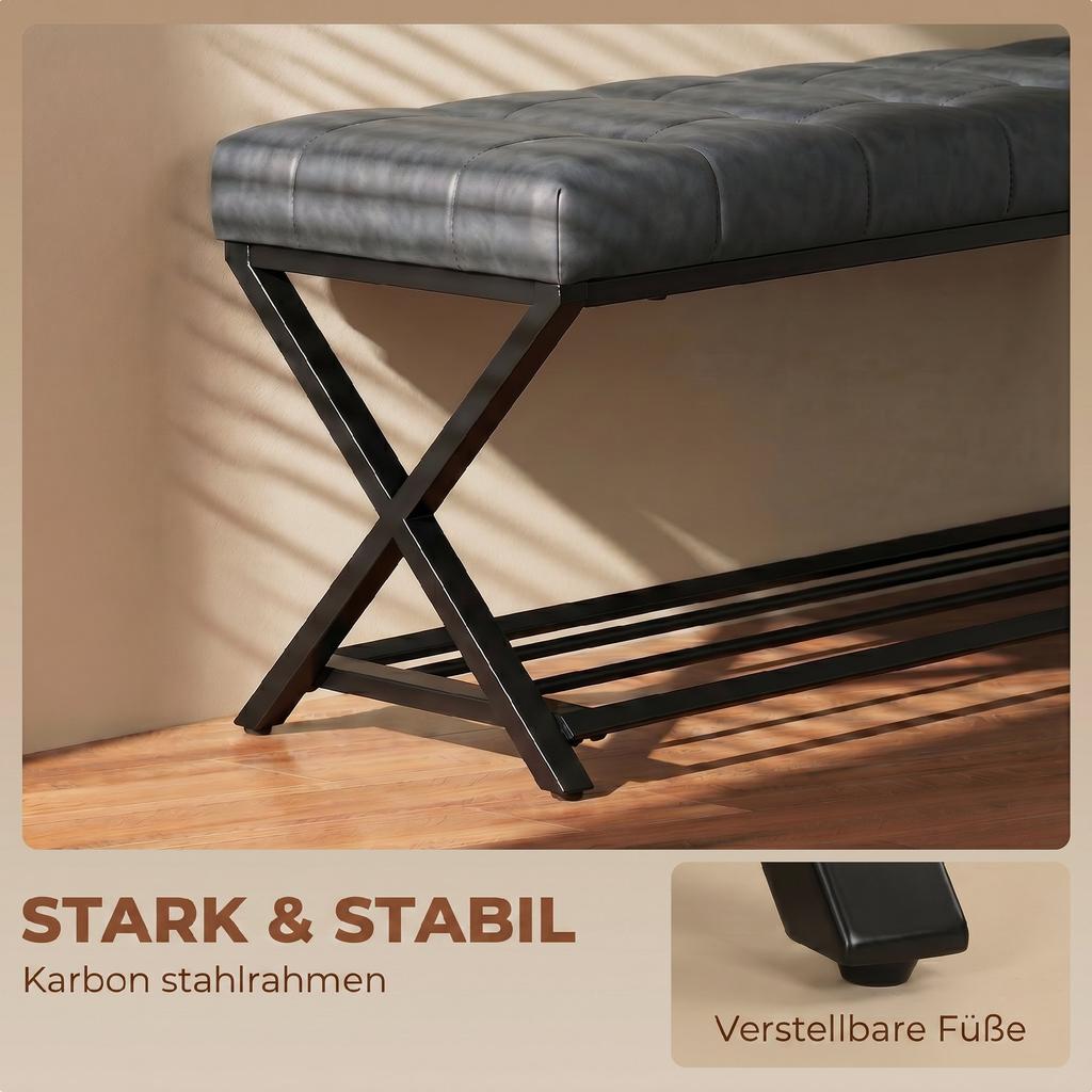 Shoe Bench, Entryway Bench with Faux Leather Cushion, Shelf, Load Capacity up to 220 kg, for Hallway, Entryway, 112 x 37 x 47 cm, Dark Grey