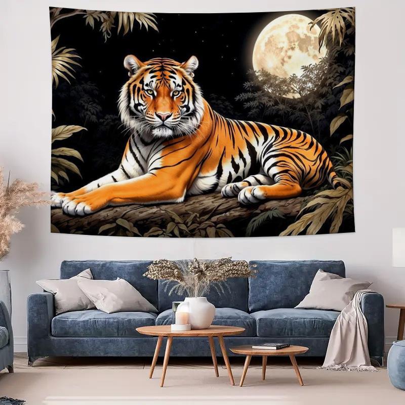 Moonlit Jungle Tiger Tapestry Modern Home Decor Fabric Wall Hanging for Living Room Bedroom Background Decoration