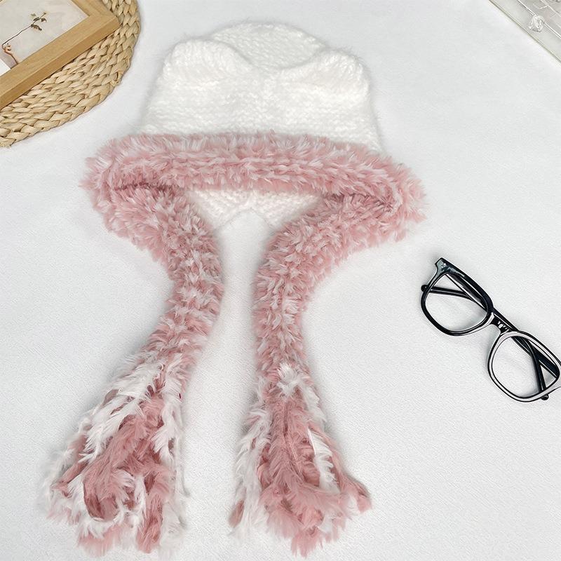Cat Ears Contrasting Pigtails Knitted Hat Women's Winter Outdoor Warm Ear Protection Bear Hat Showing Face Small Pullover Wool Hat