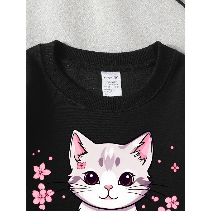 European Sizes Girls Soft Crewneck Sweatshirt Cute Kitten with Cherry Blossoms Print, Casual All-Match, Ideal Holiday Present