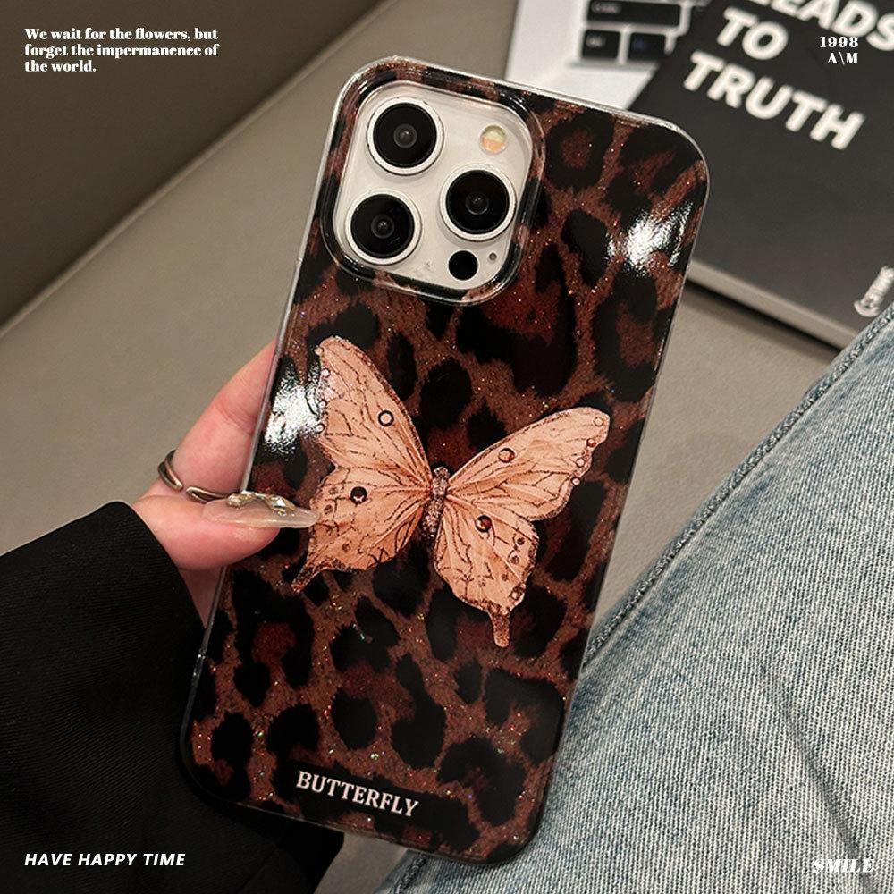 Retro Flash Butterfly Epoxy Glitter Suitable for Apple 17promax Mobile Phone Case Leopard Print iPhone16 Protective Case 15