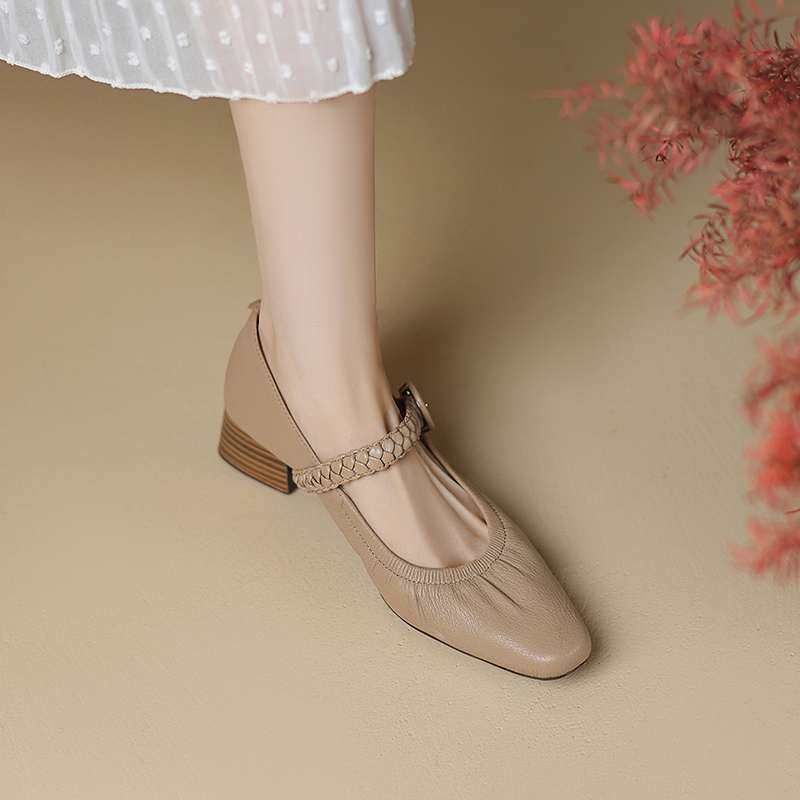 Krazing Pot Sheep Skin Summer Spring Autumn Med Heels Buckle Straps Women Square Toe Shallow Pumps