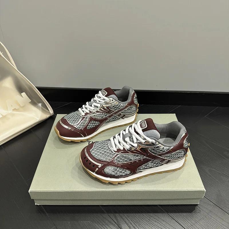 

Fashion Women s luxury flat sneakers, patchwork leather shoes, optical sole, air mesh, running and walking, couples wear, fall 2024 35 бордовый