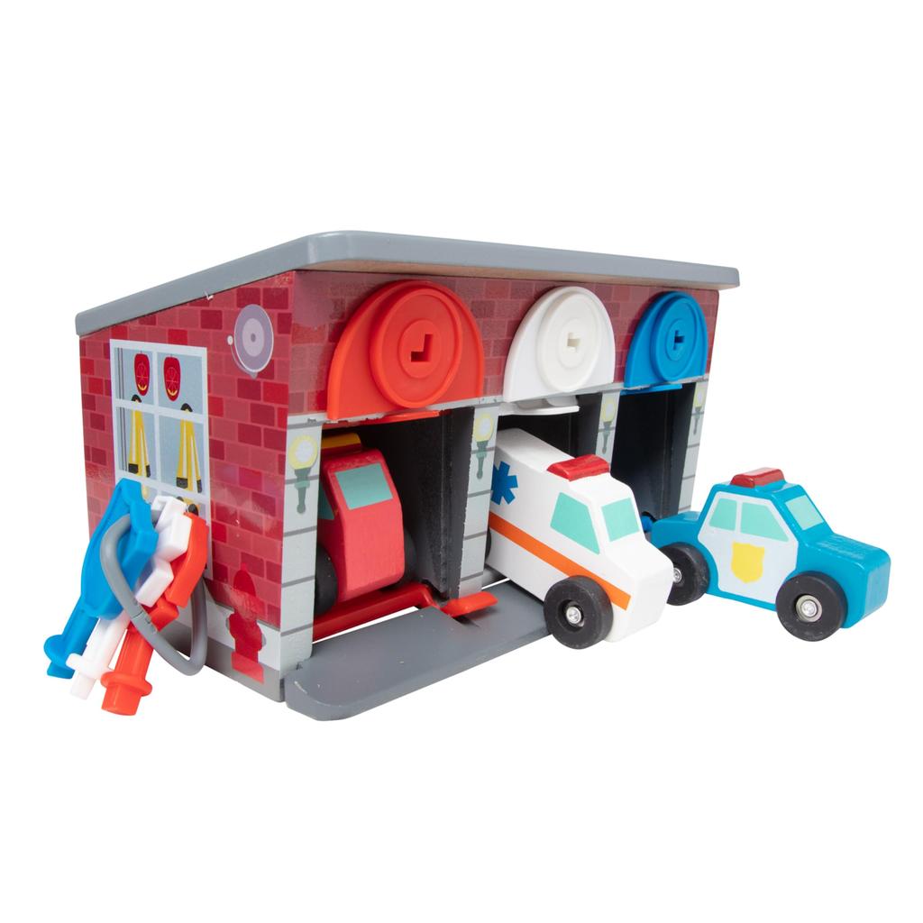 Melissa & Doug First Wooden Toy Emergency Vehicle Set with Key, Red, Ages 3 and Up, Authentic, 4607