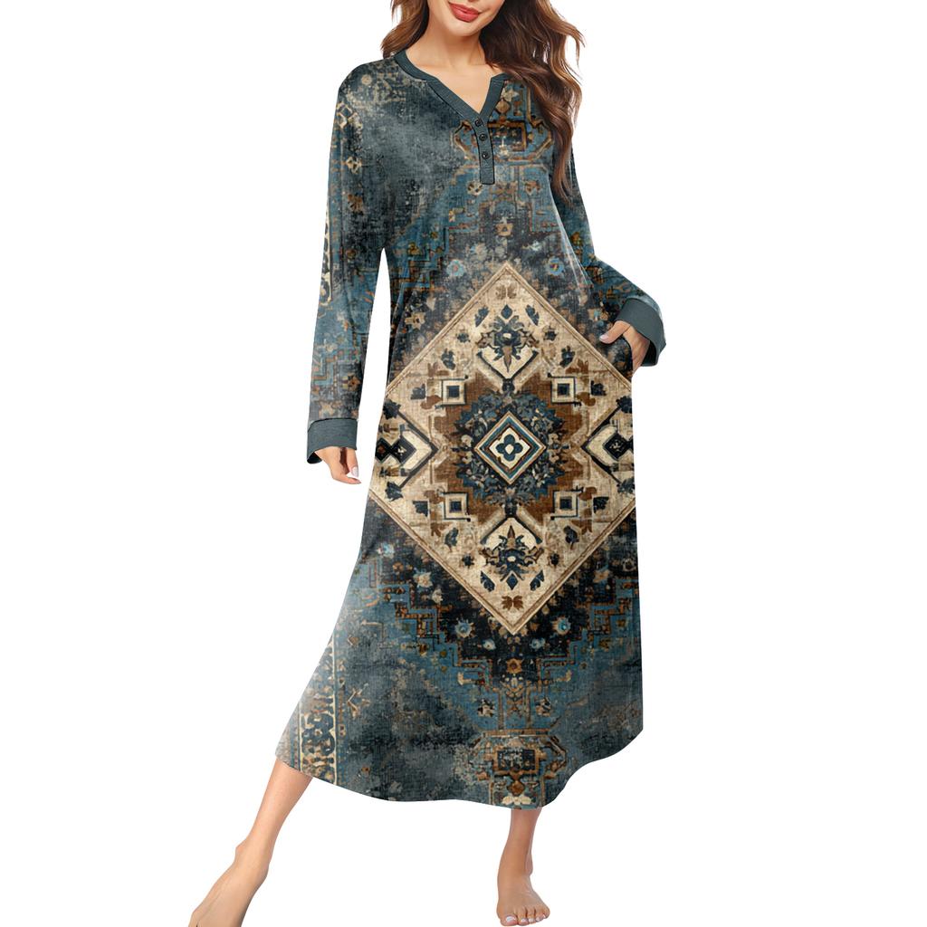 Women's Nightgown Long Loungewear V-neck Nightdress With Pockets
