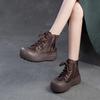 Johnature Retro Breathable Mesh Hollow Out Boots Genuine Leather Women's Flat Platform Shoes