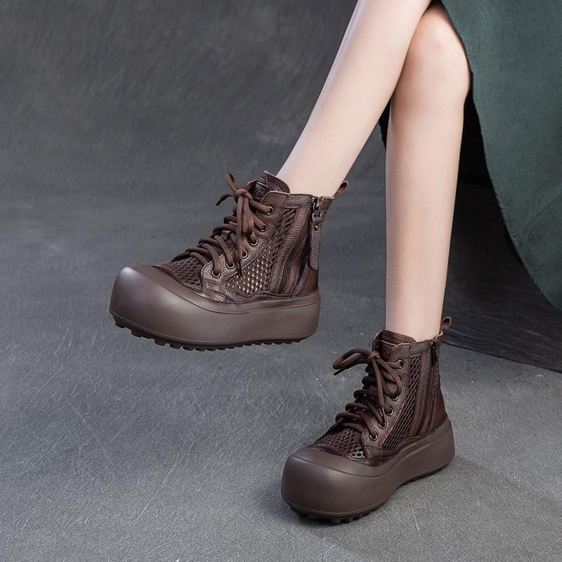 Johnature Retro Breathable Mesh Hollow Out Boots Genuine Leather Women's Flat Platform Shoes