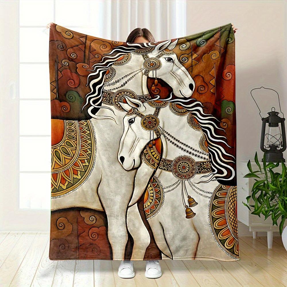 Horse Print Flannel Blanket, Soft Reversible All-Season Throw, Plush Double-Sided Design for Bed Sofa Travel, Machine Washable 75x90cm
