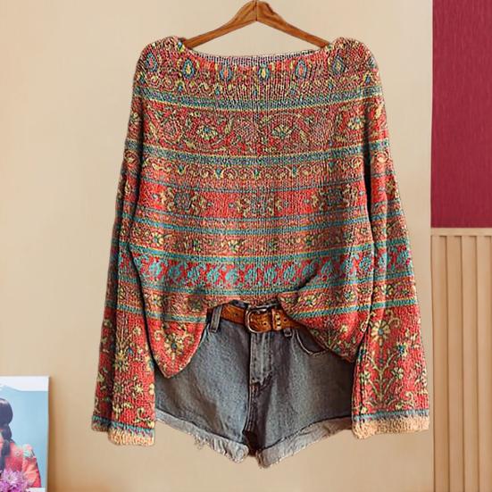 Women Autumn Sweater O-Neck Long Sleeve Vintage Oversized Pullover Sweater Ethnic Graphic Knit Tops Daily Wear