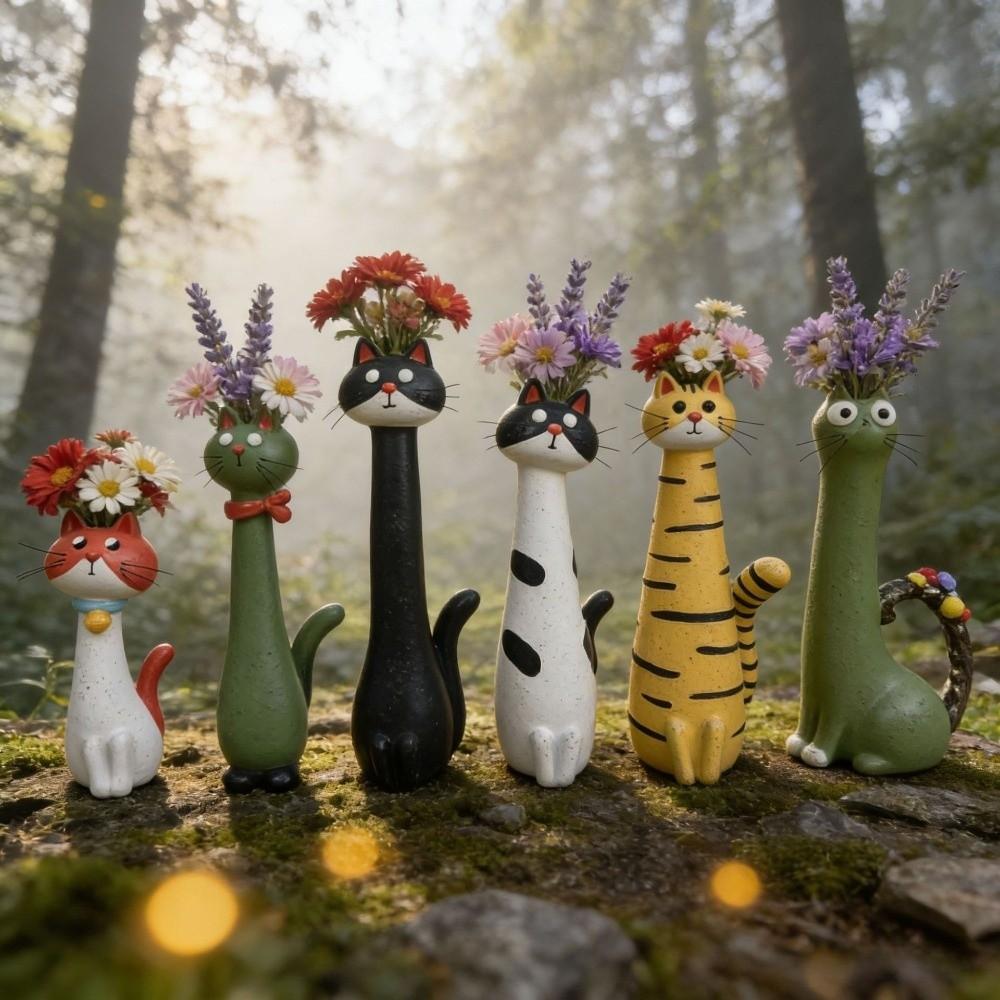 Cartoon Cat Shaped Flower Planter Handcrafted Resin Cat Flower Holder Plant Pot Ornament Bedroom