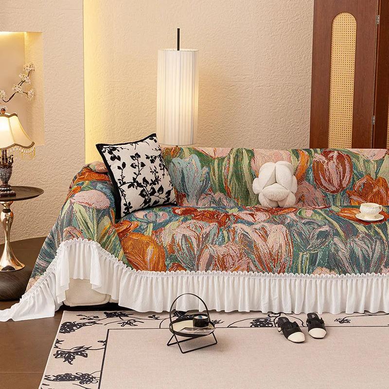 Nordic Pastoral Sofa Towel with Skirt Edge All Inclusive Non Slip Couch Cushion for Living Room All-Season Printed Sofa Blanket