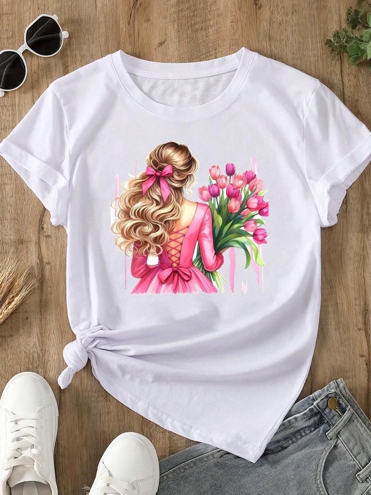(Asian Size) O-neck Women's Top T Clothing Print Short Sleeve T-shirts Lovely Flower Trend Cute Fashion Female Casual Graphic Tee