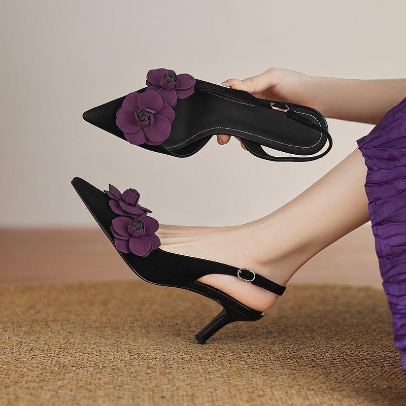 

Great good to wear bag head sandals, women s summer shallow mouth flowers, pointed head, absolute child high heels, thin heel beige one-word buckle 40 чёрный