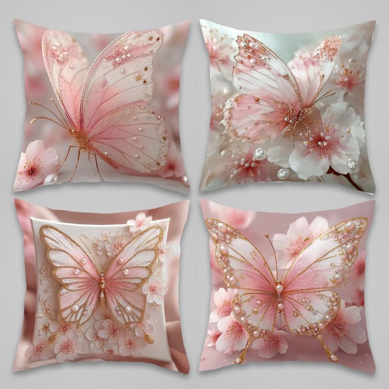4Pcs Pink Butterfly Cushion Cover Cherry Blossom Flower Pearl Printed Pillow Case Polyester Home Decor Sofa Living Room 2D Flat