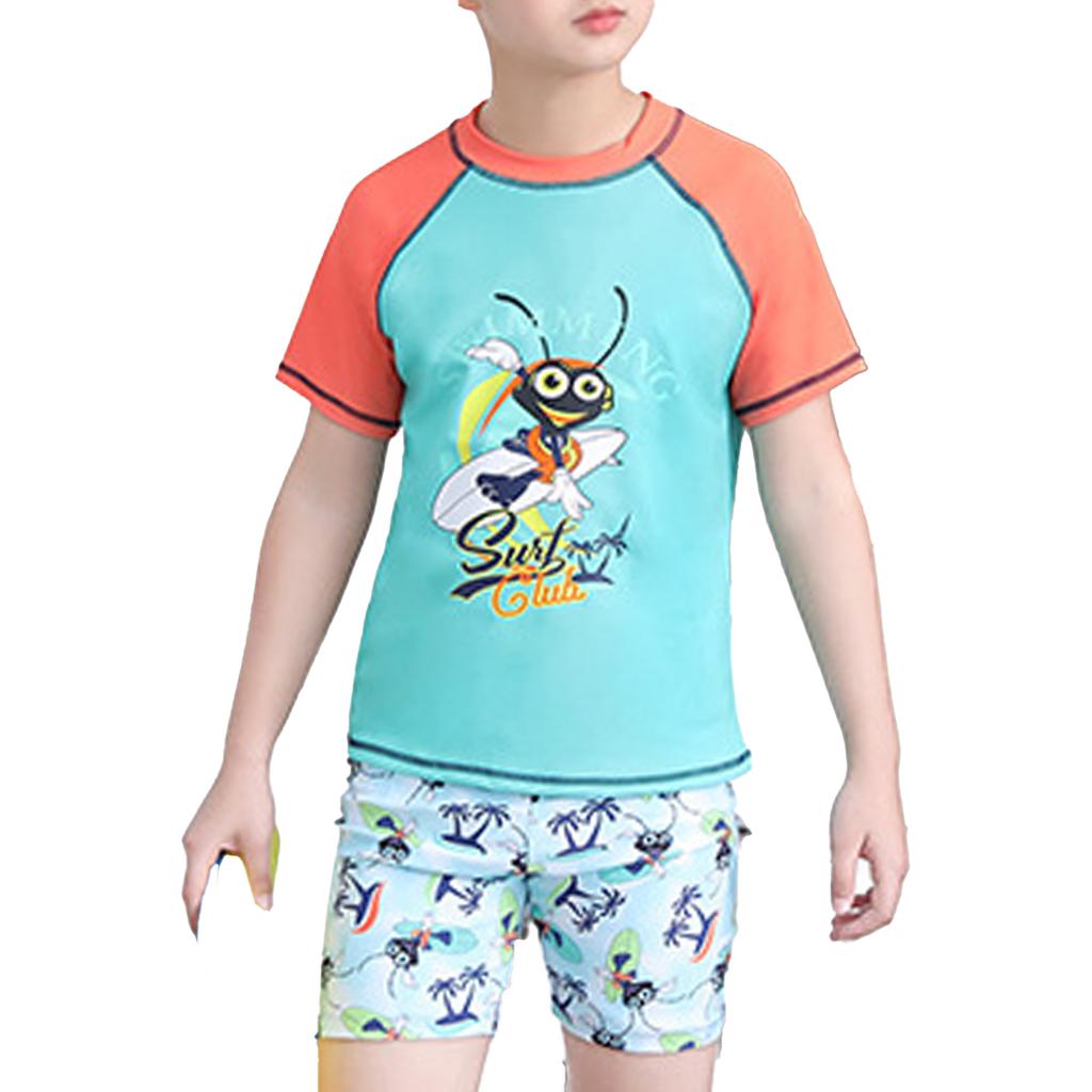 Boys Swimwear Set Short Sleeve Rash Guard Top Matching Trunks Hat Beach Swim Outfit