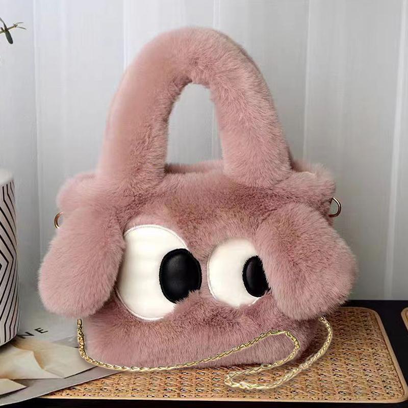Furry Chain Shoulder Bag  Cartoon Big Eyed Dog Soft Plush Crossbody Bag Handbag Women Girls Cute Plush Bag