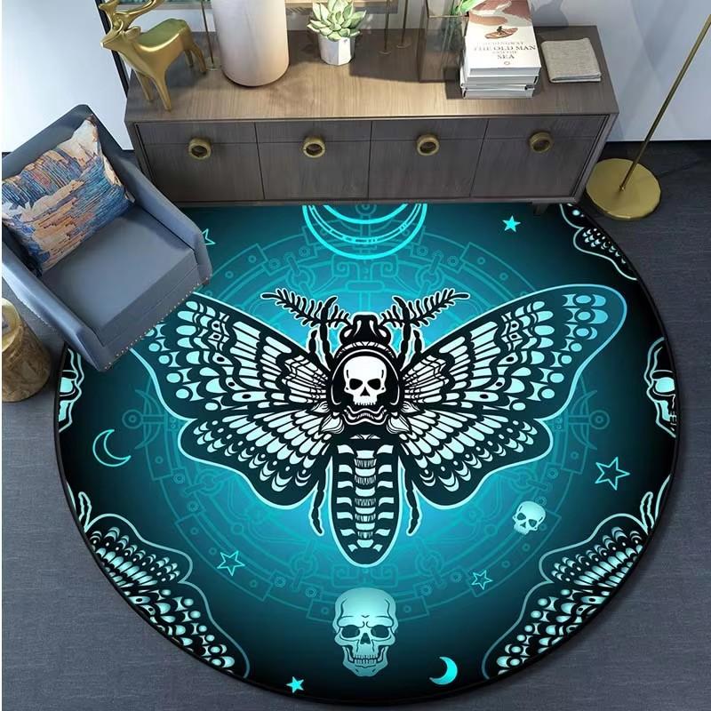 Death Moth Round Carpet Gothic Skull Round Floor Mat Butterfly Moon Living Room Carpets Bathroom Kitchen Area Rug Doormat Decor