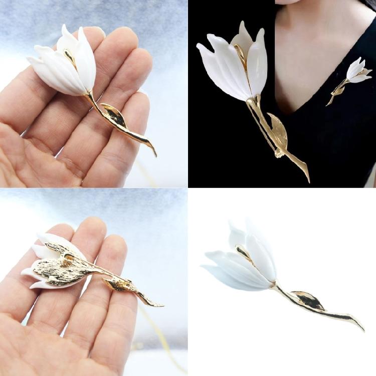 Sophisticated Magnolias Flower Brooch White Tulips Pin Decoration for Women’s Coats Backpack Hat Jewelry Accessories