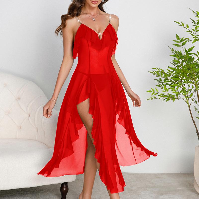 Mesh Deep V Ruffle Nightgown Side Slit Multi-Color Semi-Sheer Sexy Cami Women's Loungewear 896 Playful Flirty Sleepwear with Cute Ruffle Details