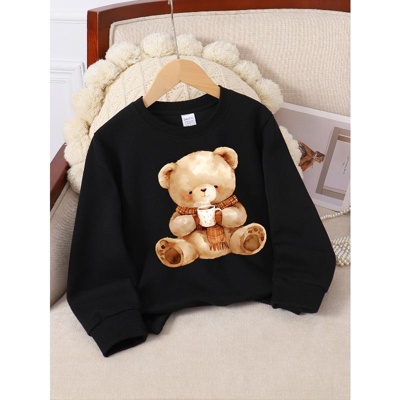 European Sizes Youth Crewneck Sweatshirt Featuring a Teddy Bear with a Coffee Mug And Scarf, Ideal for Sports And Casual Outings, Soft And Cozy